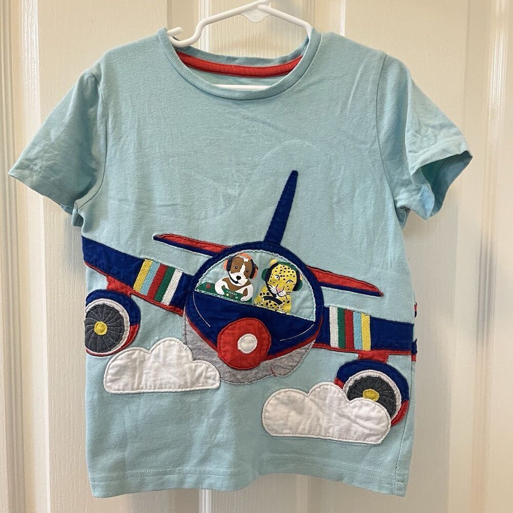 Mini Boden Double Sided Flying Airplane Applique Top T-Shirt Boys Size 5-6 years